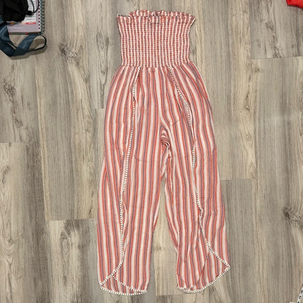 Angie Strapless Smocked Bodice Leg Slit Jumpsuit Pink Striped Flowy Size L